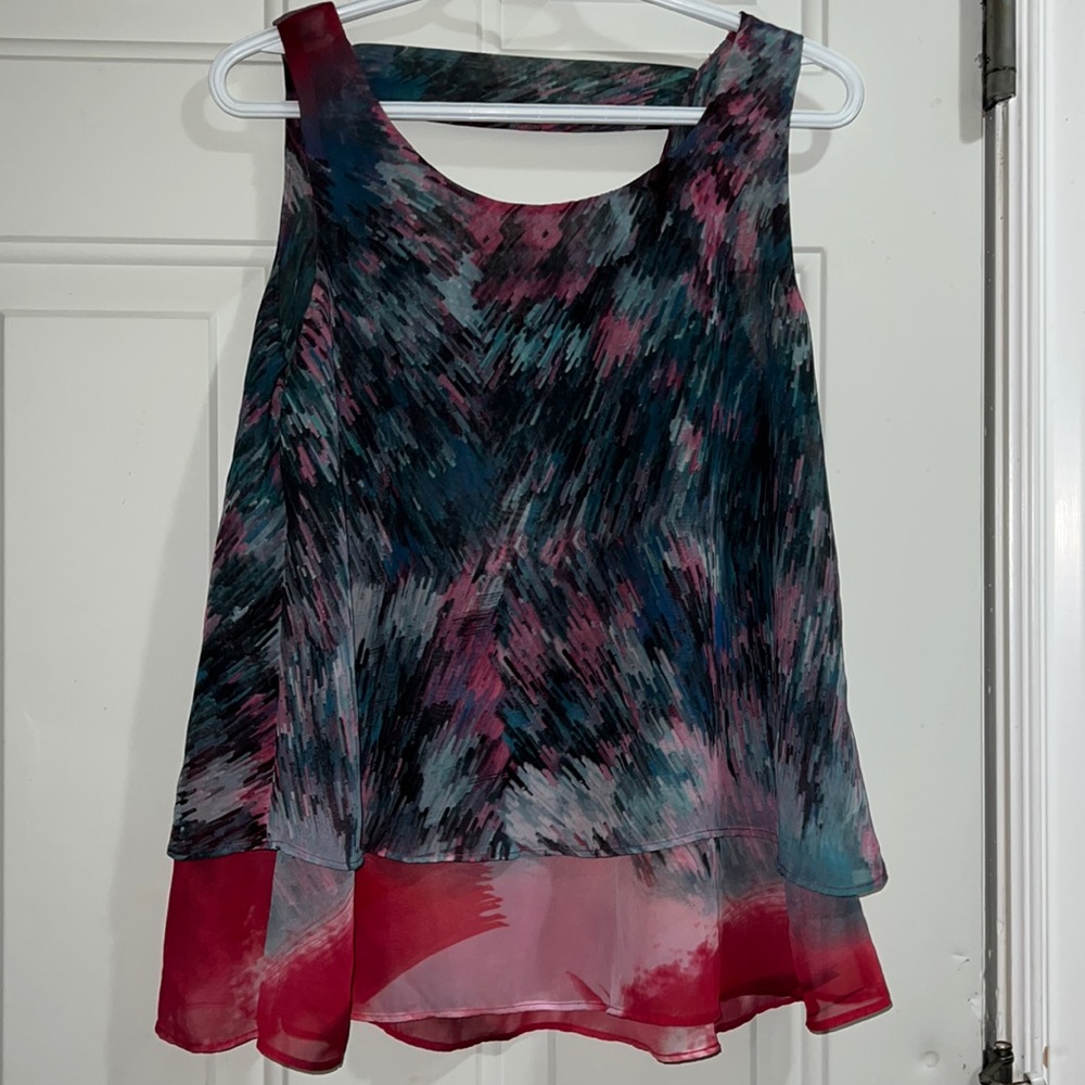 Blue and purple chiffon tank top with abstract pattern